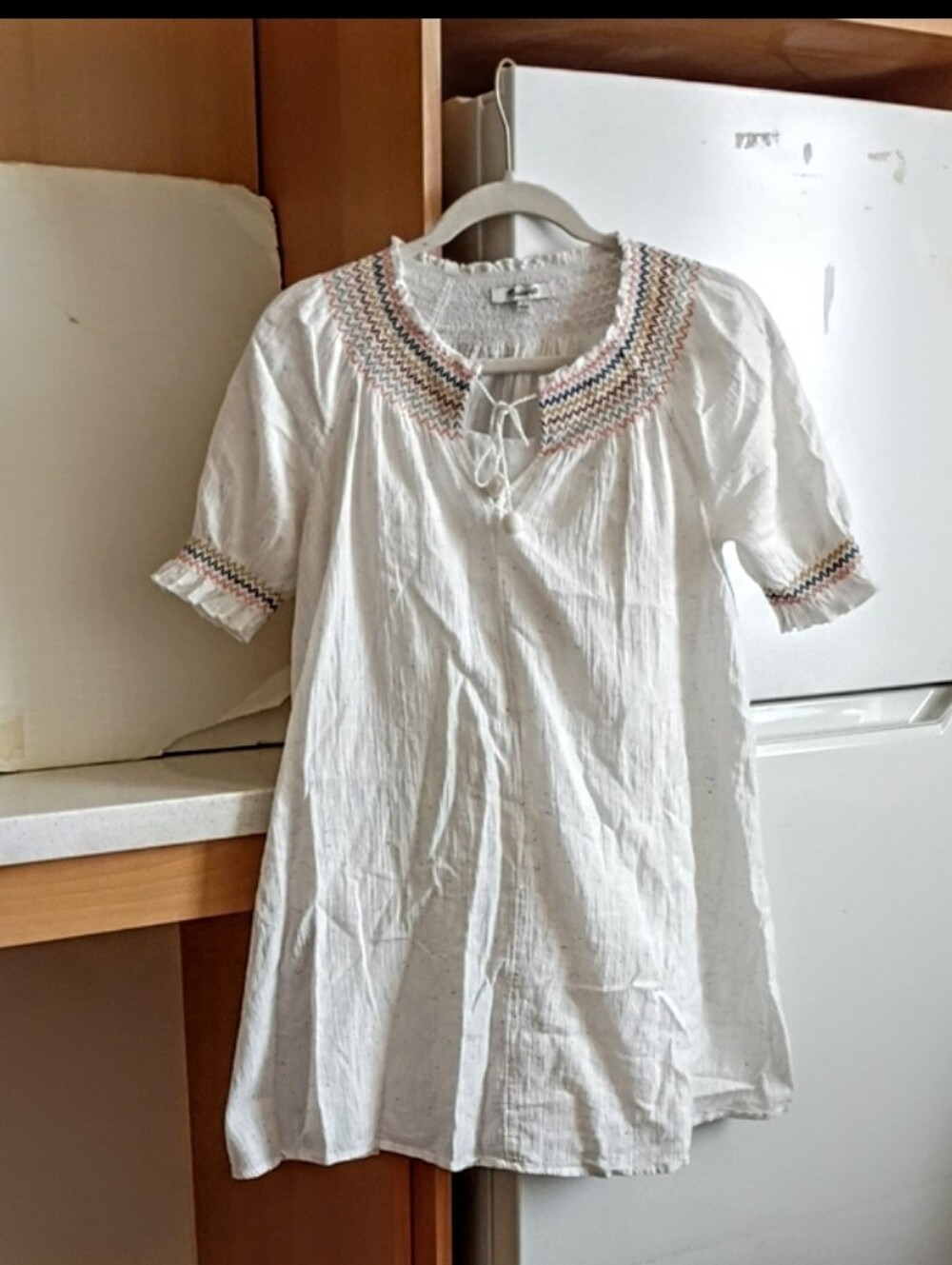 Madewell White Mini Dress with Multi-Color Smocked Yoke